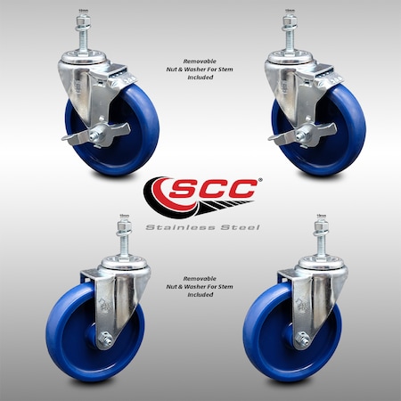 Service Caster 5 Inch SS Solid Polyurethane Swivel 10mm Threaded Stem Caster Brakes, 2PK SCC-SSTS20S514-SPUS-M1015-2-TLB-2